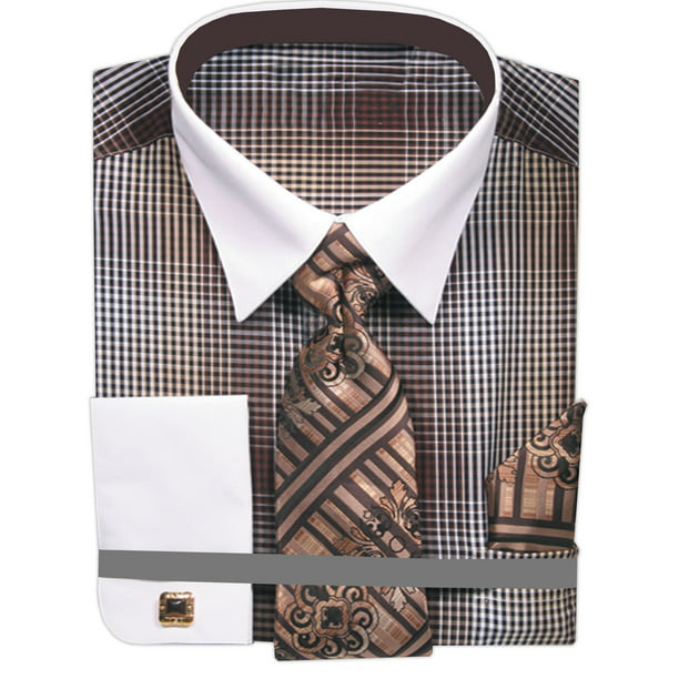 Sunrise Outlet Mens Plaid Dress Shirt with Tie Handkerchief and Cufflinks 